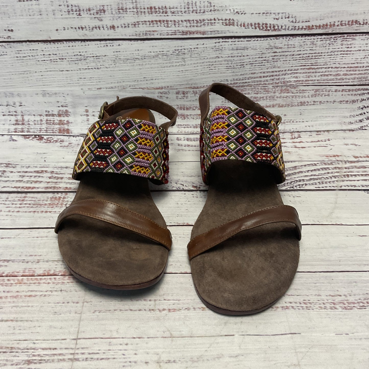 Colleen Cordero Brown Embroidered Leather Wedge Wood Clog Sandal Women 7