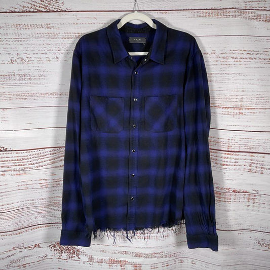 Amiri Blue Plaid Raw Hem 100% Cotton Flannel Button Up Shirt - Size XL