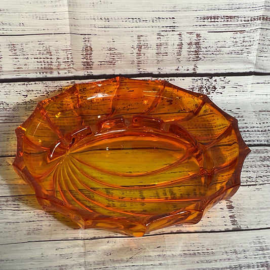 MCM Art Deco VIKING Glass Persimmon Amberina Orange Ashtray- 8"
