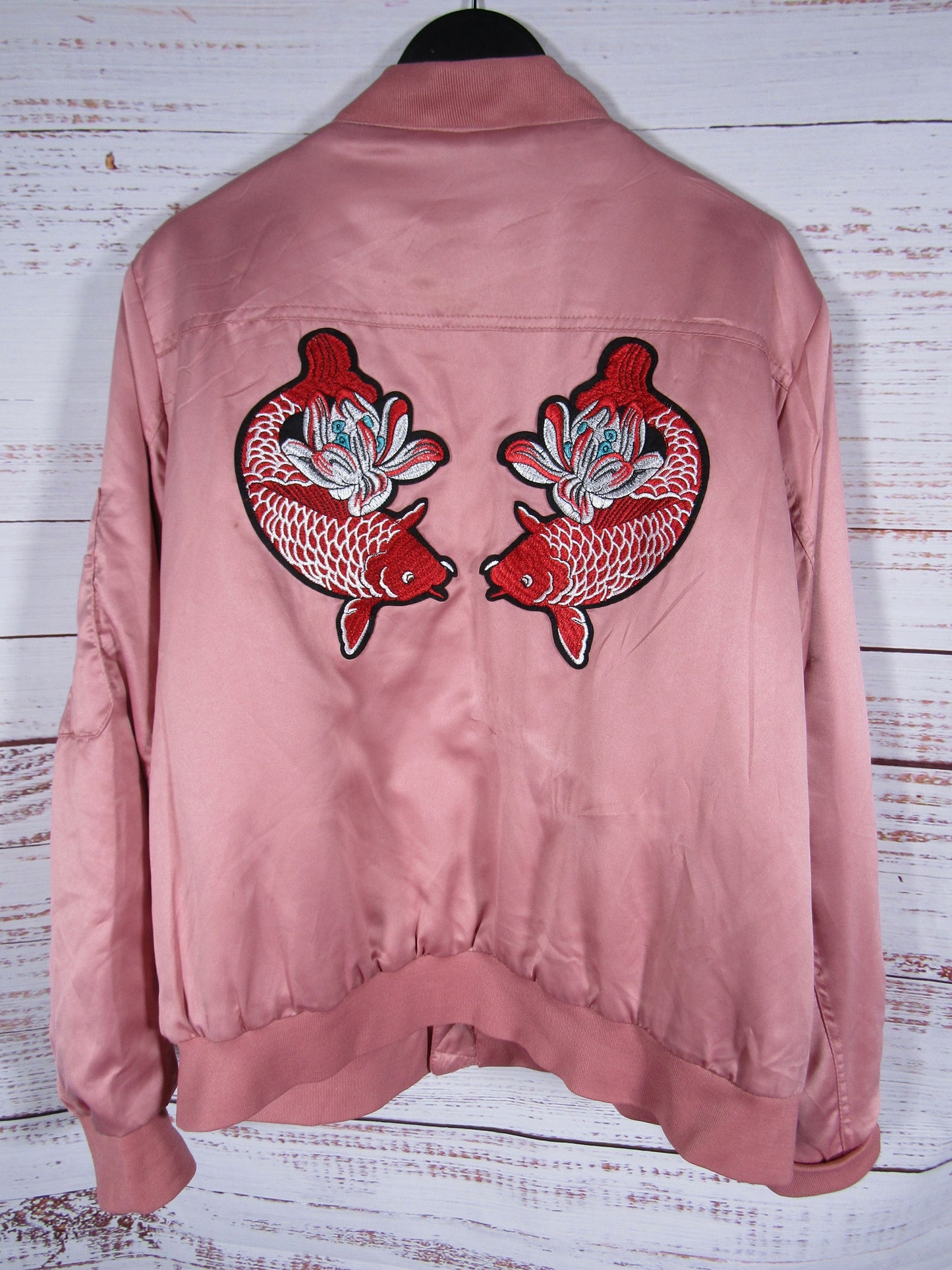 Jacked by Jill Women's Pink Koi Fish Embroidered Satin Bomber Jacket Size XXL
