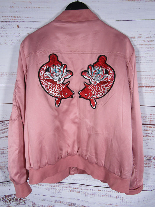 Jacked by Jill Women's Pink Koi Fish Embroidered Satin Bomber Jacket Size XXL