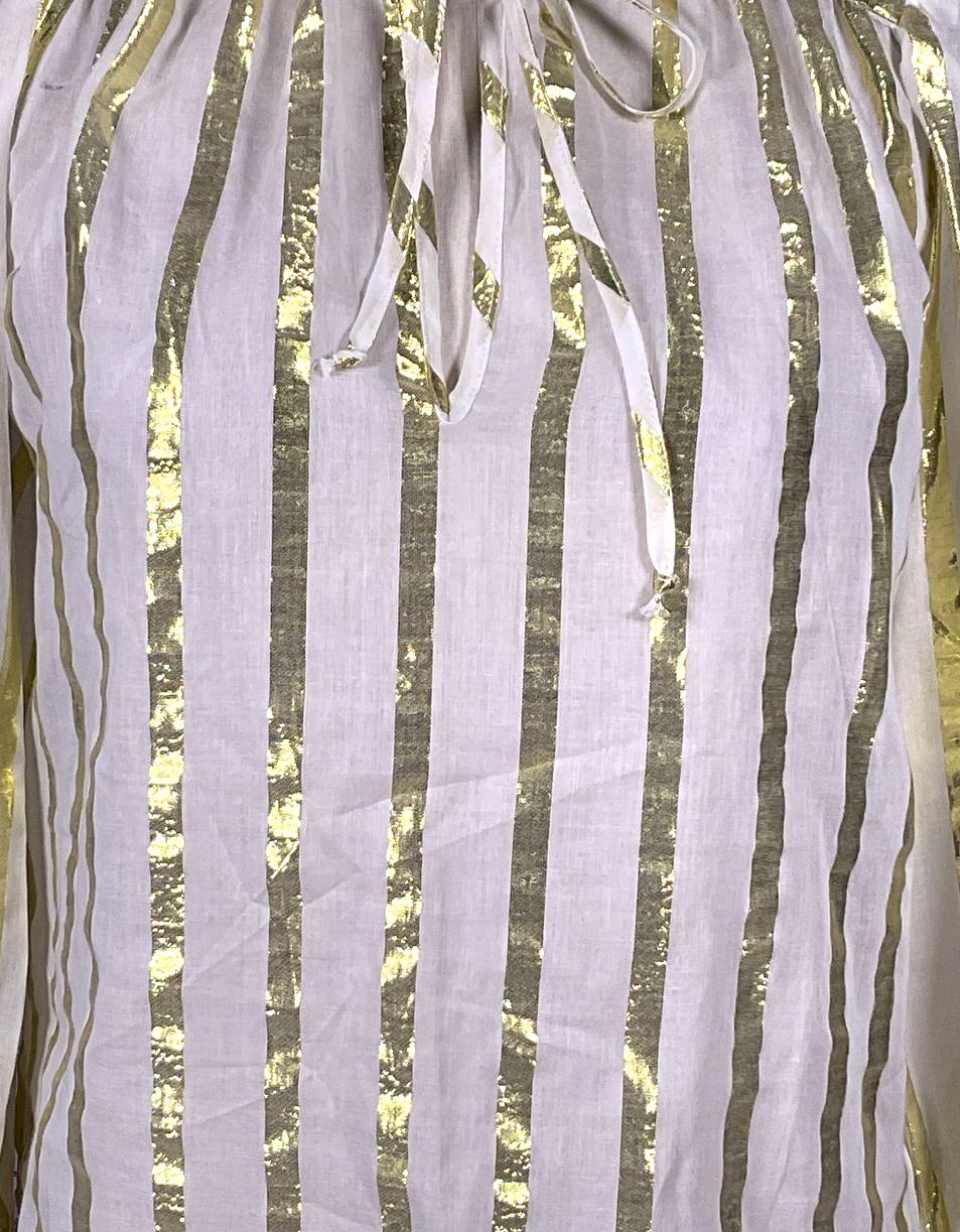 Monica Mahoney Ruffle Gauze Silky Metallic Stripes Blouse White Gold S