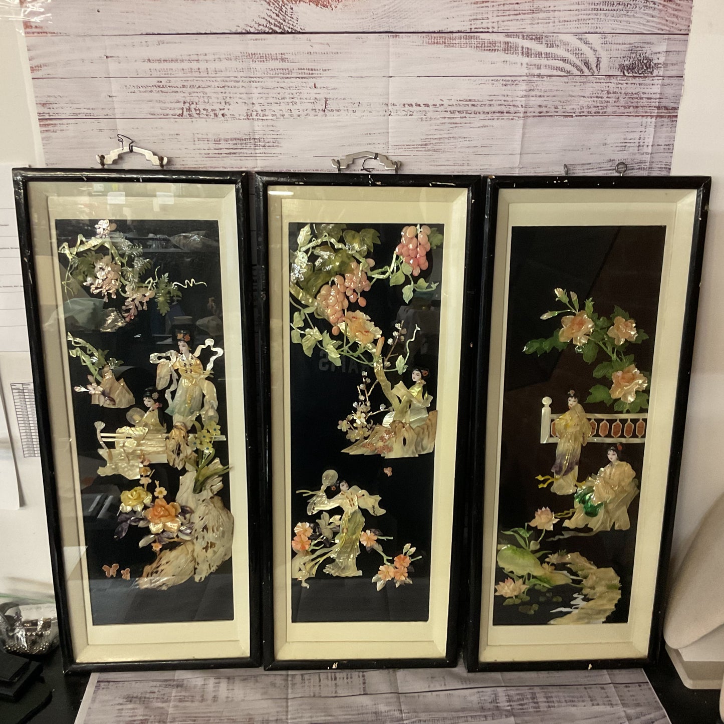 Set of 3 VTG. Asian Mother Of Pearl Framed Art Wall Hangings- 32" x 12.75"