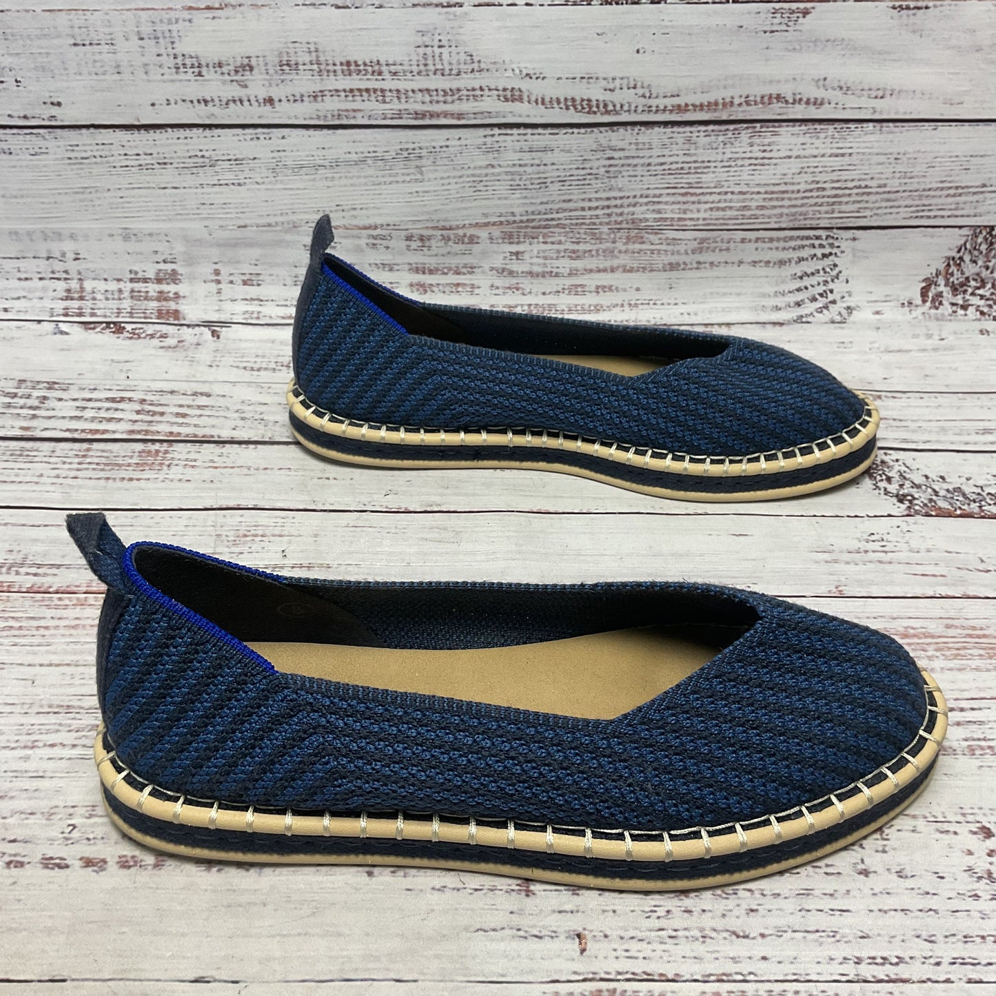 Rothy’s Boardwalk Blue Black Stripe Knit Espadrille Fats Loafers Shoe Women Sz 8