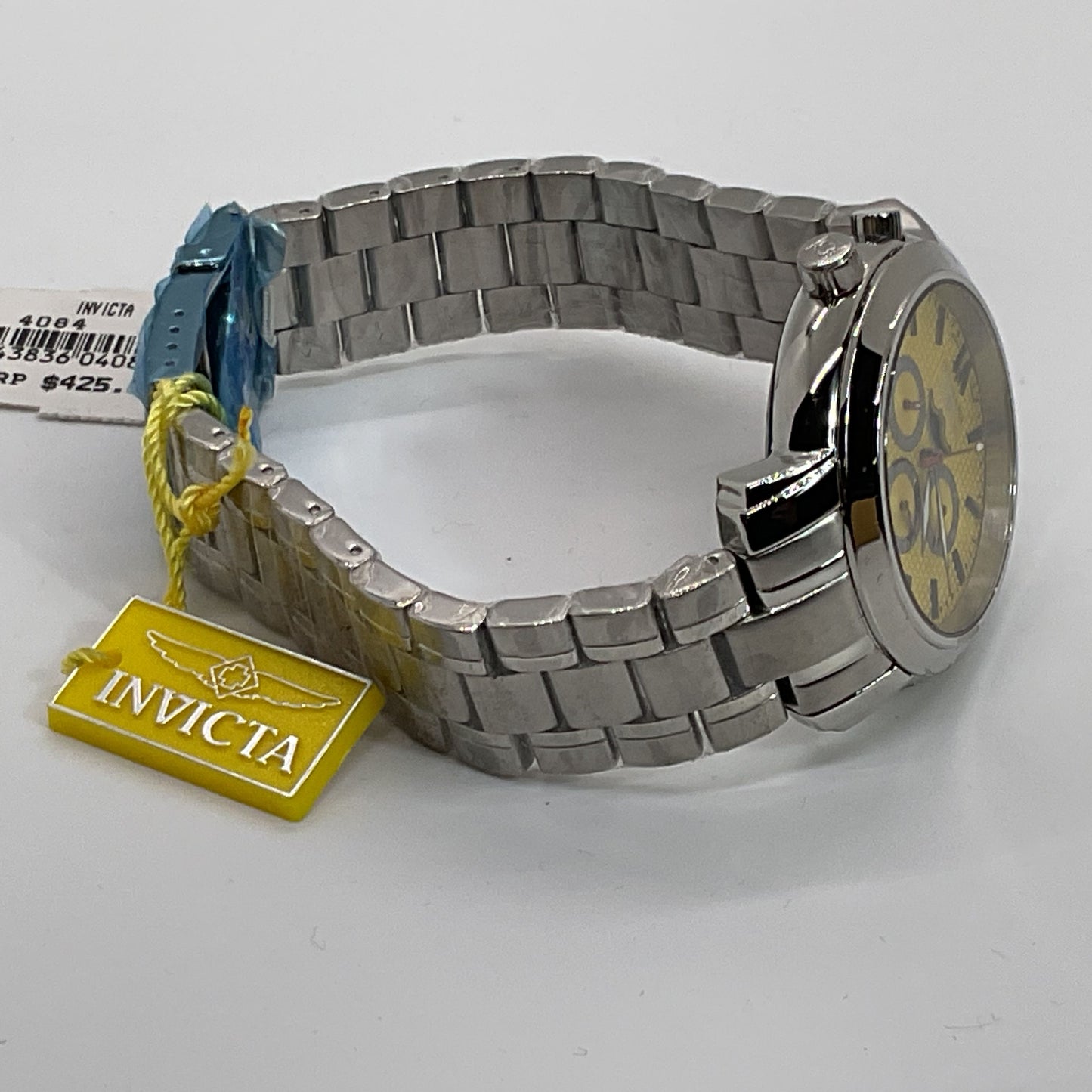 NWT INVICTA #4084 Men's Stainless Yellow Dial Chronograph Watch- 8.75"