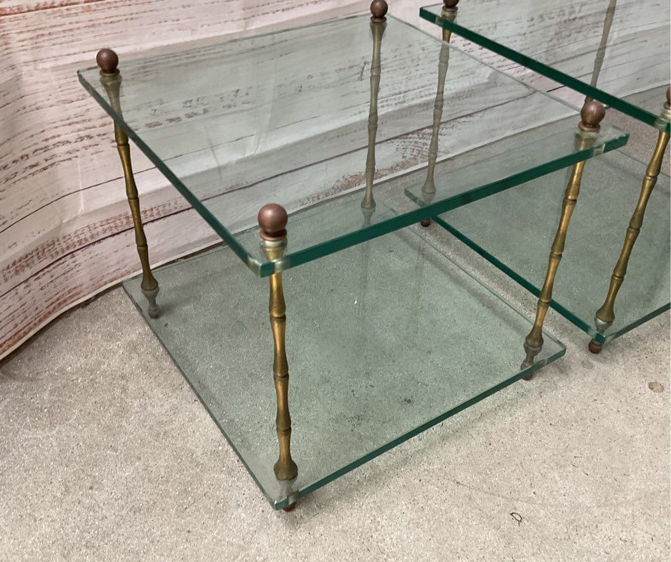 Vintage Baker Style Hollywood Regency Square Bamboo Brass Set of 2 Tables Glass