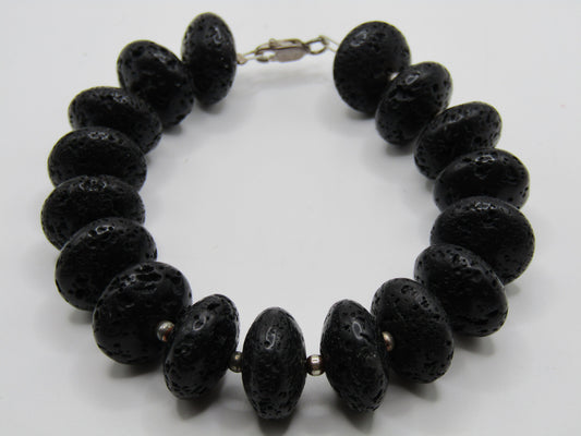 6 1/4" 15mm Lava Rock Stone Beaded Bracelet With Sterling Silver Clasp