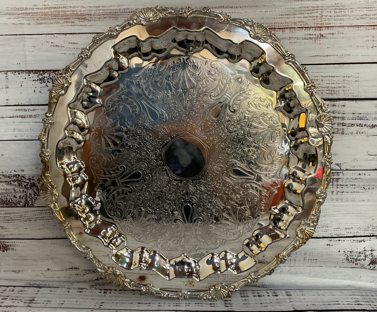 Vintage Crosby Ornate Floral Etched Baroque Silver Plated Platter