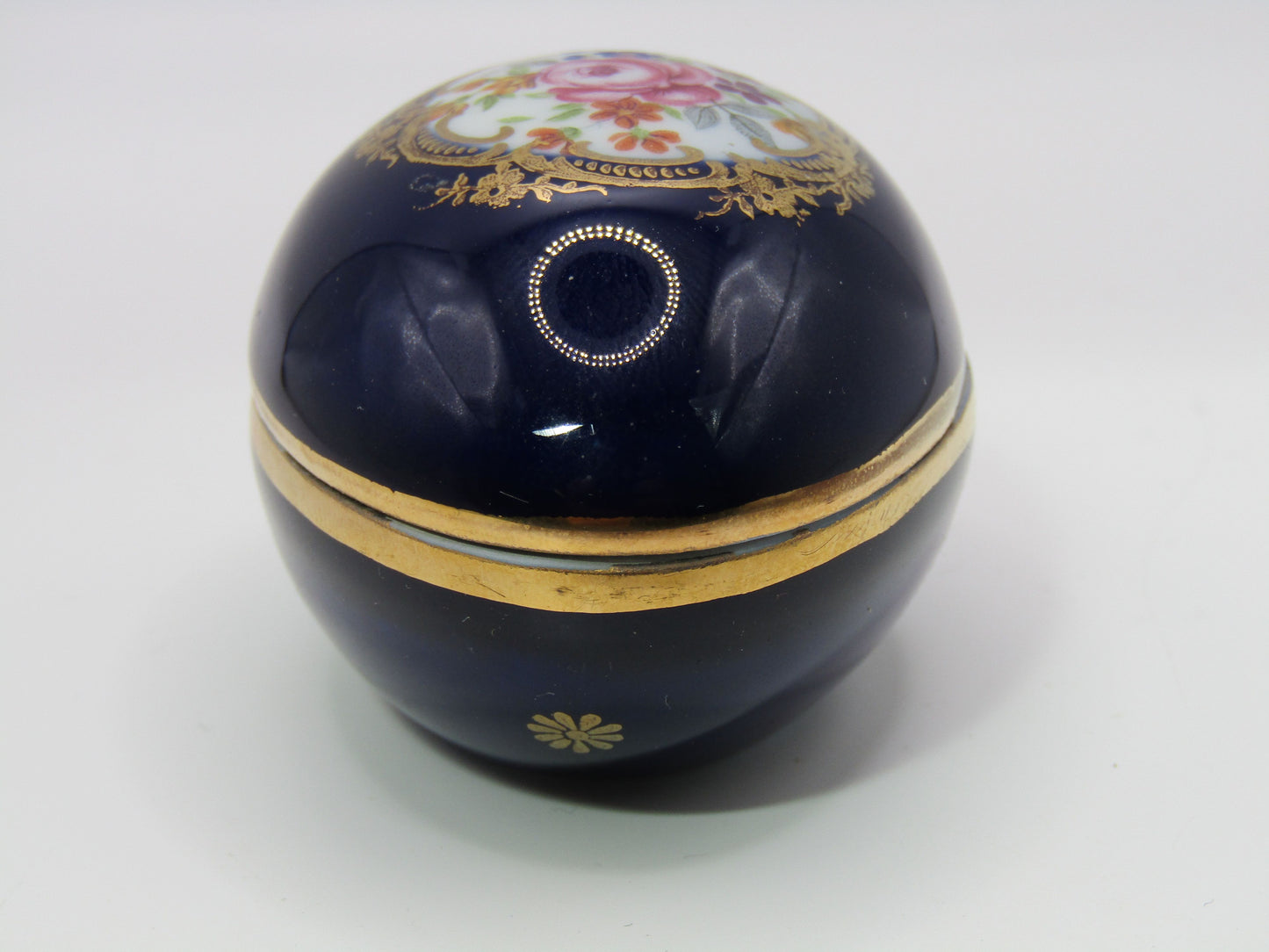 Vntg Limoges Castle Floral Cobalt Blue 24k Gold Wash Trinket Box Made in France