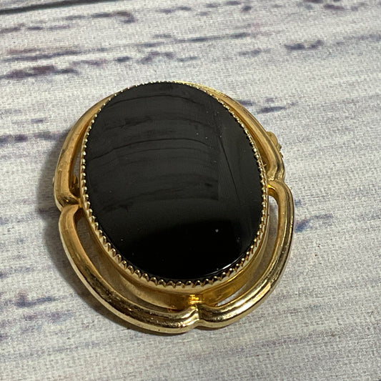 VTG. CATAMORE 1/20 12K Gold Filled & Onyx Brooch- 1.25"