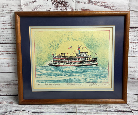 Vintage Artist's Proof Framed "Sternwheeler" Portland, Oregon Print Signed