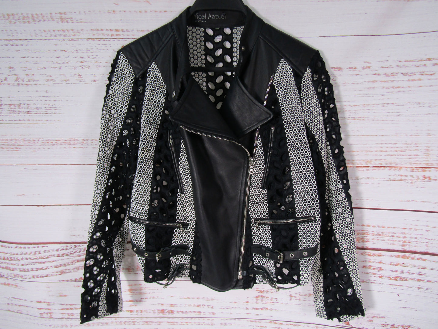 Yigal Azrouel Women's Black & White Lace Lambskin Leather Moto Jacket Size 2