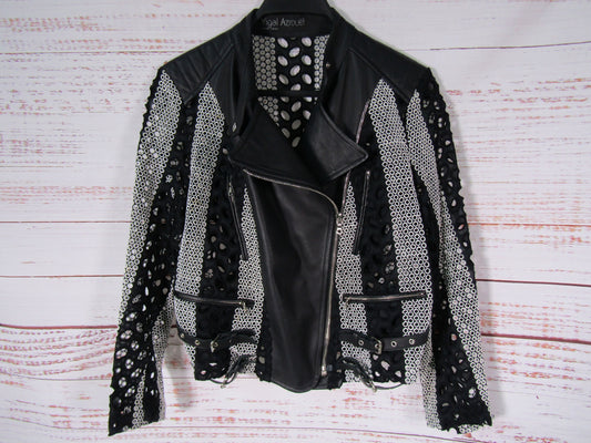 Yigal Azrouel Women's Black & White Lace Lambskin Leather Moto Jacket Size 2