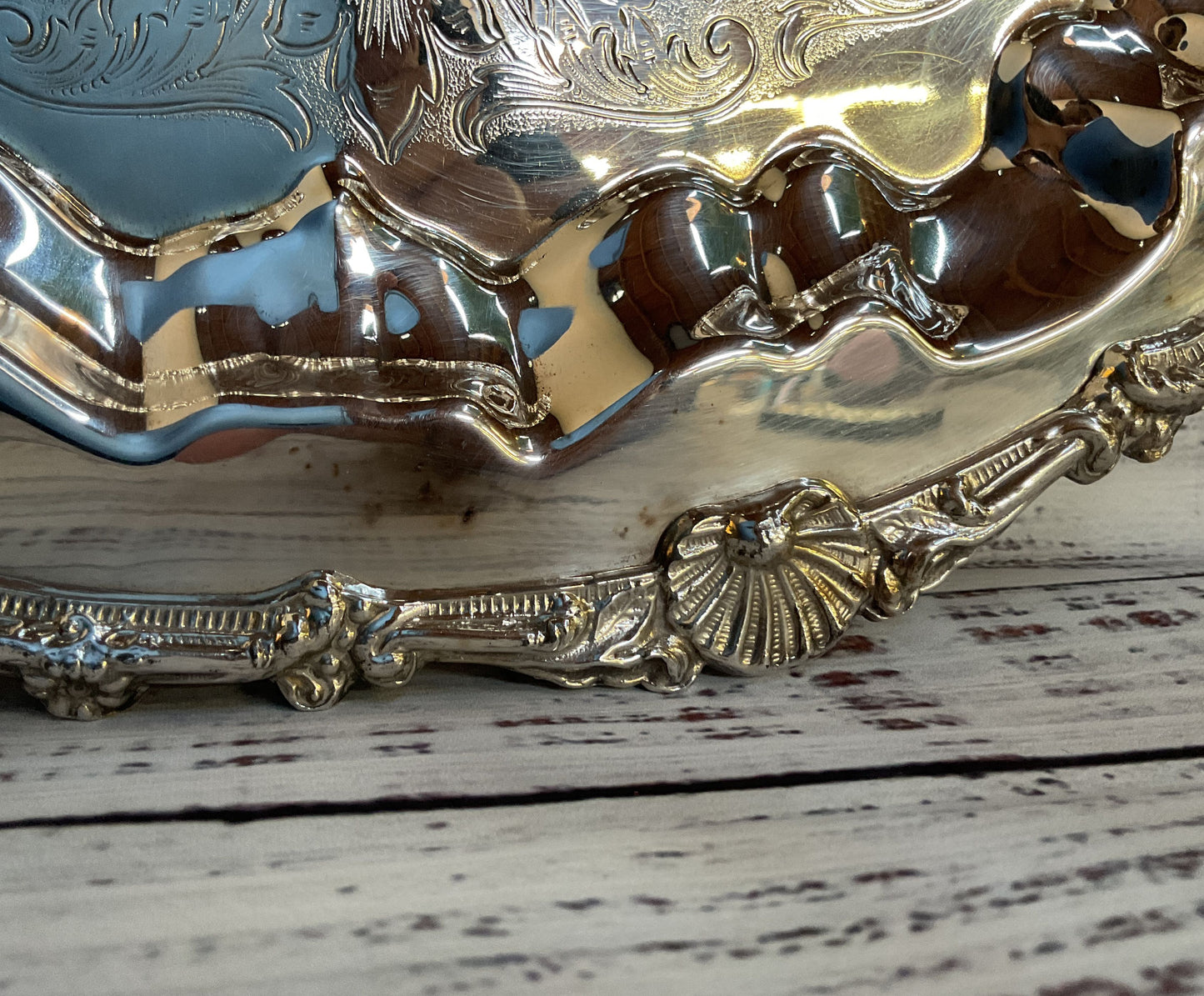 Vintage Crosby Ornate Floral Etched Baroque Silver Plated Platter