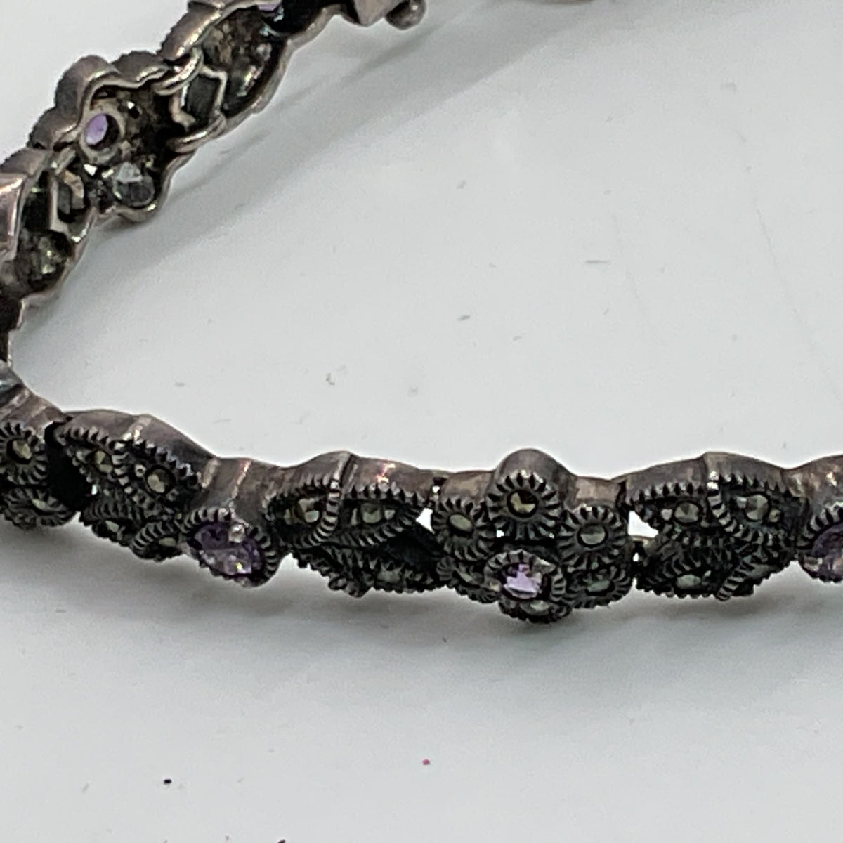 VTG. JUDITH JACK Sterling Silver Amethyst and Marcasite Link 8" Bracelet- 22.51g