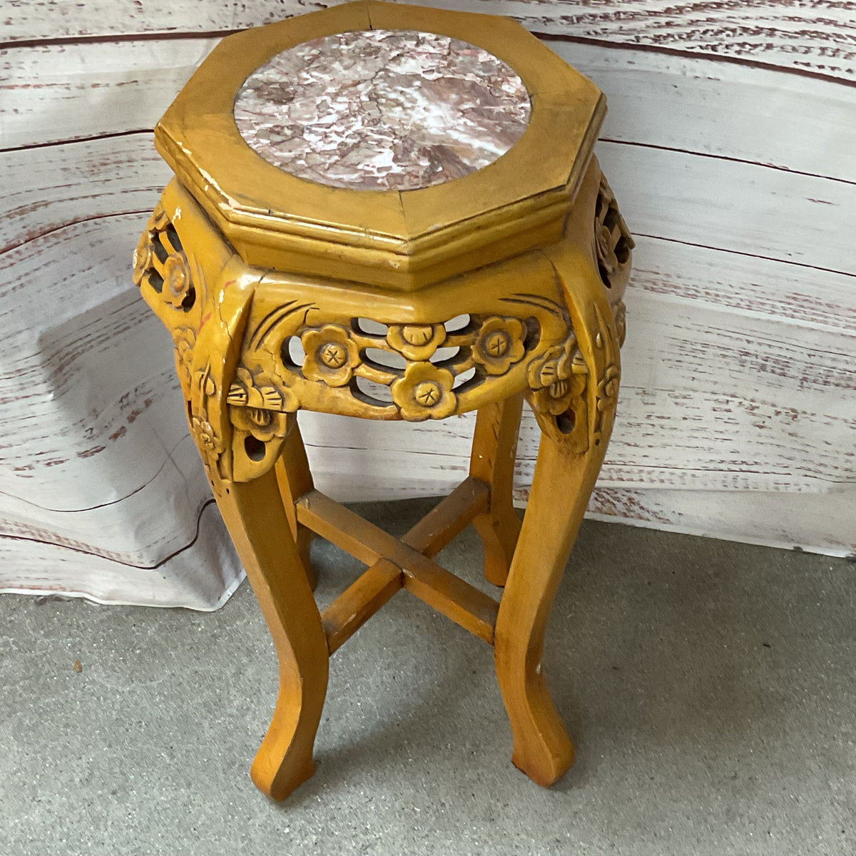 VTG/ANTIQUE Chinese Chinoiserie Carved Wood & Marble Plant Stand Table-14" x 24"