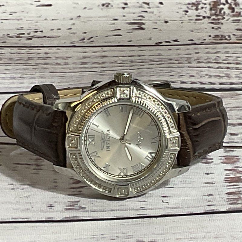 INVICTA Angel Collection Women's Silver Tone Brown Leather Band Watch