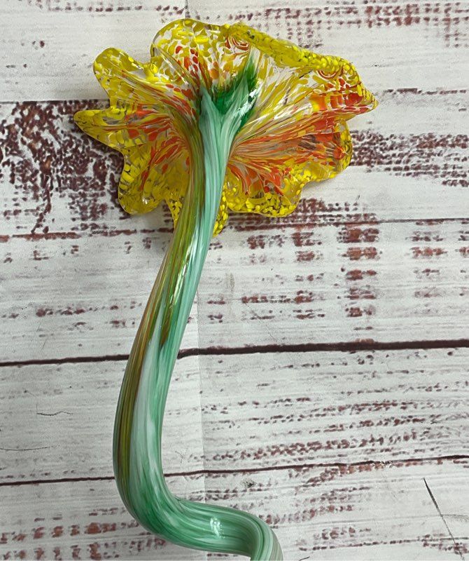 Modern Handblown Moreno Style 15" Art Glass Lily Flower Yellow