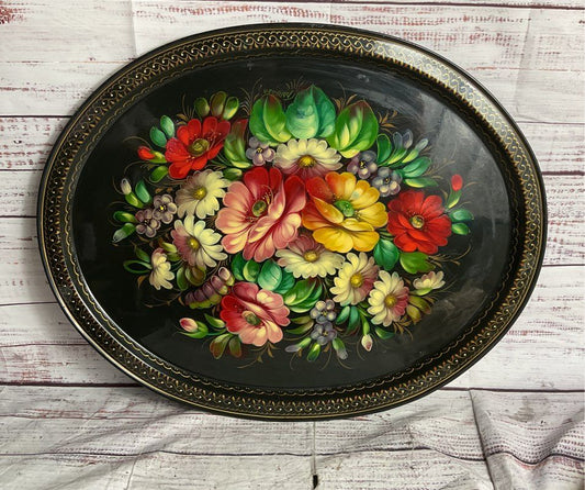 Zhostovo Vintage Large Soviet Hand Painted Floral 20" Serving Tray Multicolor