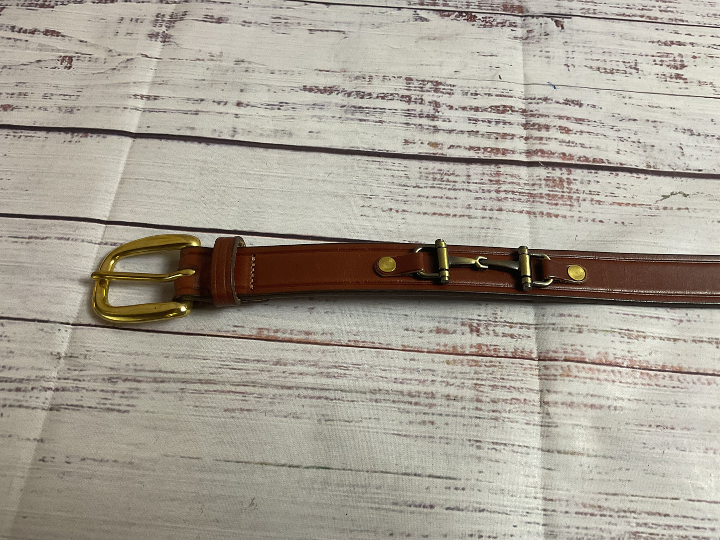 Tory Brown English Bridle Leather Belt Brass Buckle - Size 28