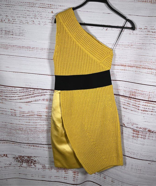 Les Copains Yellow Knit One Shoulder dress with Satin combo Size 40 US XS