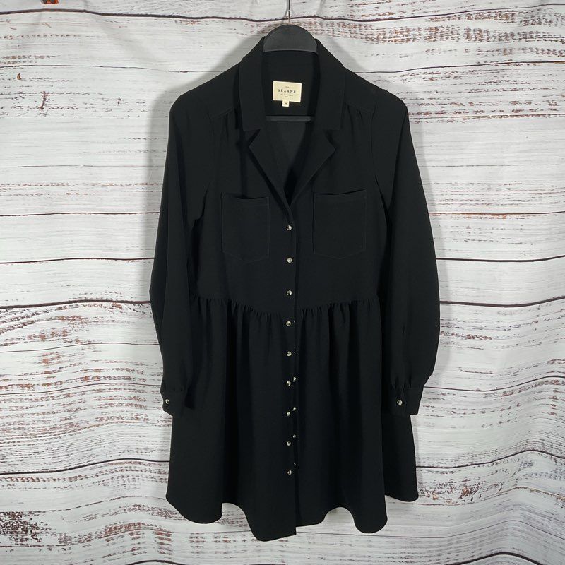 Sezane Black Long Sleeve Button Up Babydoll Mini Dress - Size 34