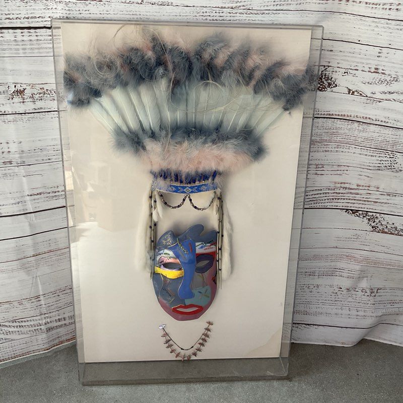 Signed SHAWN ATHARI Glass Mask with Feathers & Necklace with Shadowbox Display