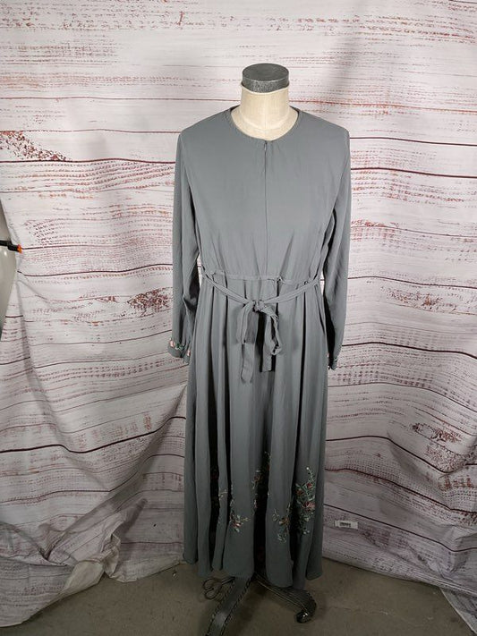 Women's Pandora Grey Long Sleeve Floral Embroidered Long Dress Size XL