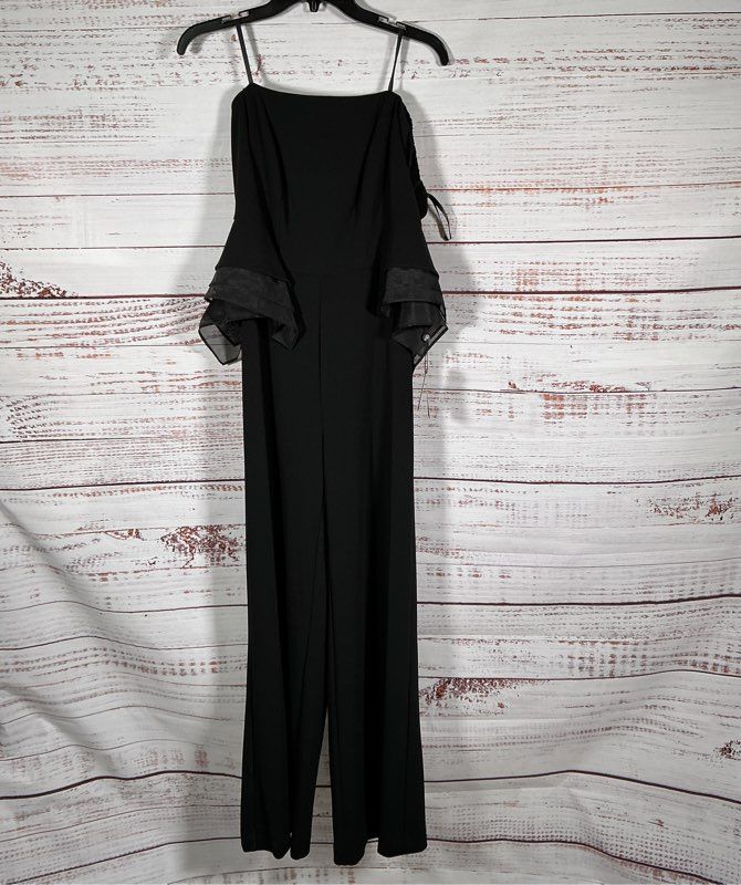 NWT Adrianna Papell Organza Black Crepe Off Shoulder Jumpsuit Size 0 Retail $199