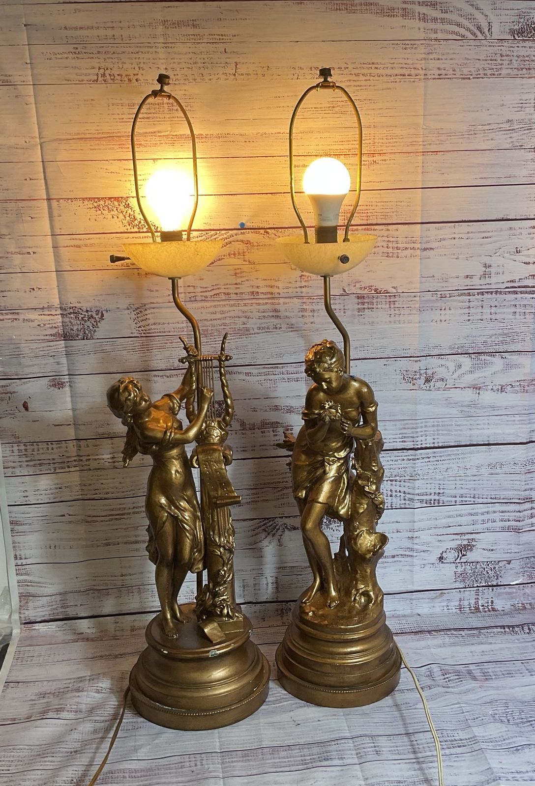 Set of 2 ANTIQUE MATHURINE MOREAU Maiden's with Harp and Flowers Lamps- 35"