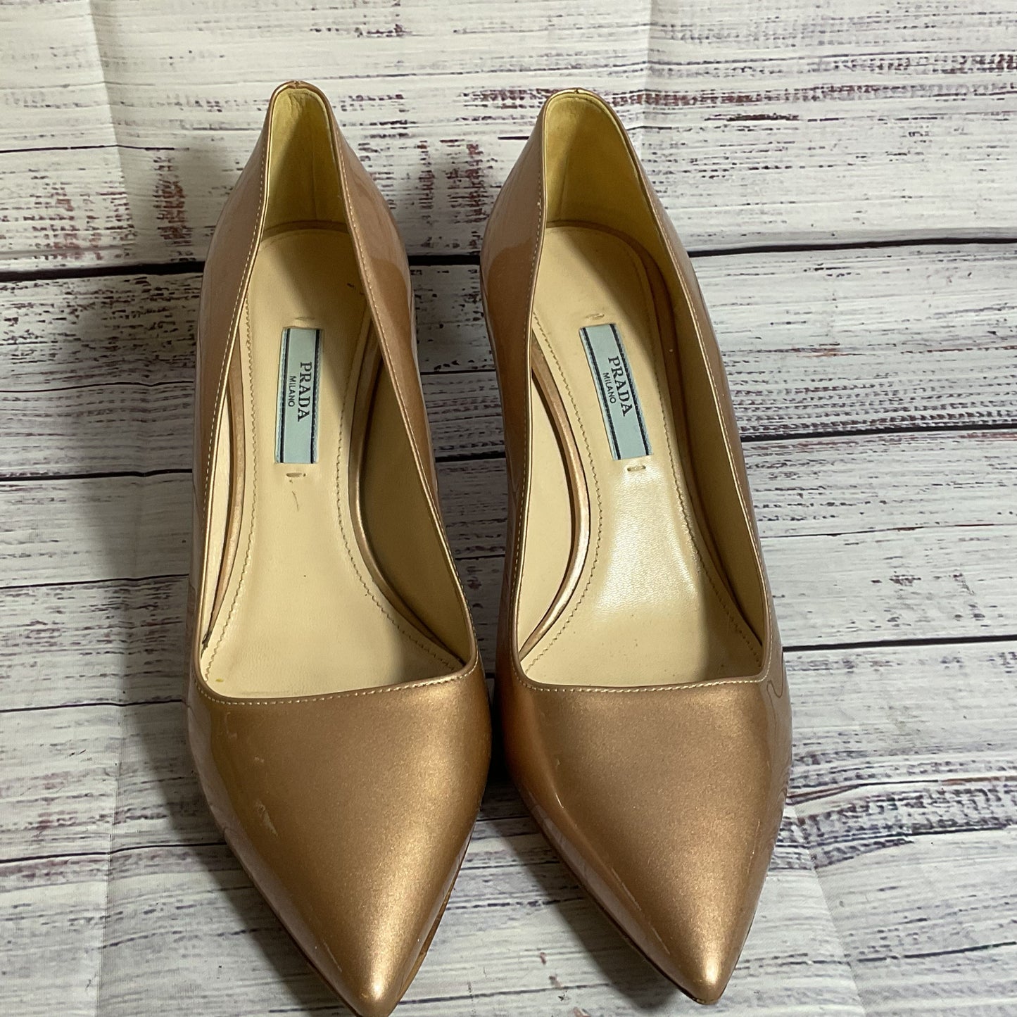 PRADA Women's Champagne Patent Leather Pump Heels- 38/ 8 US