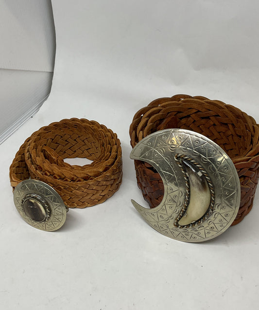 Lot 2 MOROCCAN Brown Leather Woven Belt