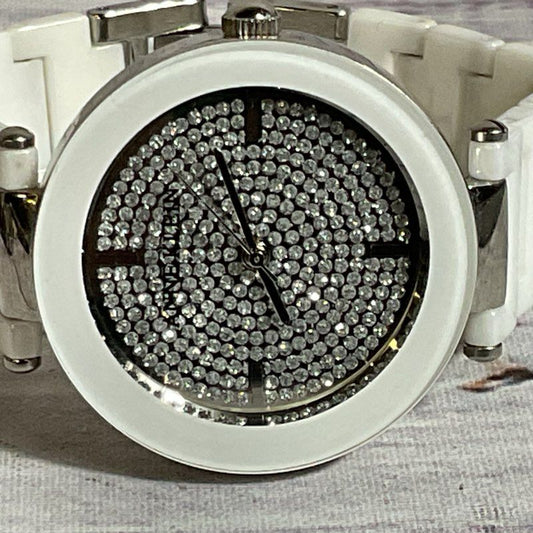 ANNE KLEIN AK/1019 Y121E/3 Women's White Linked Rhinestone Watch- 6.75"