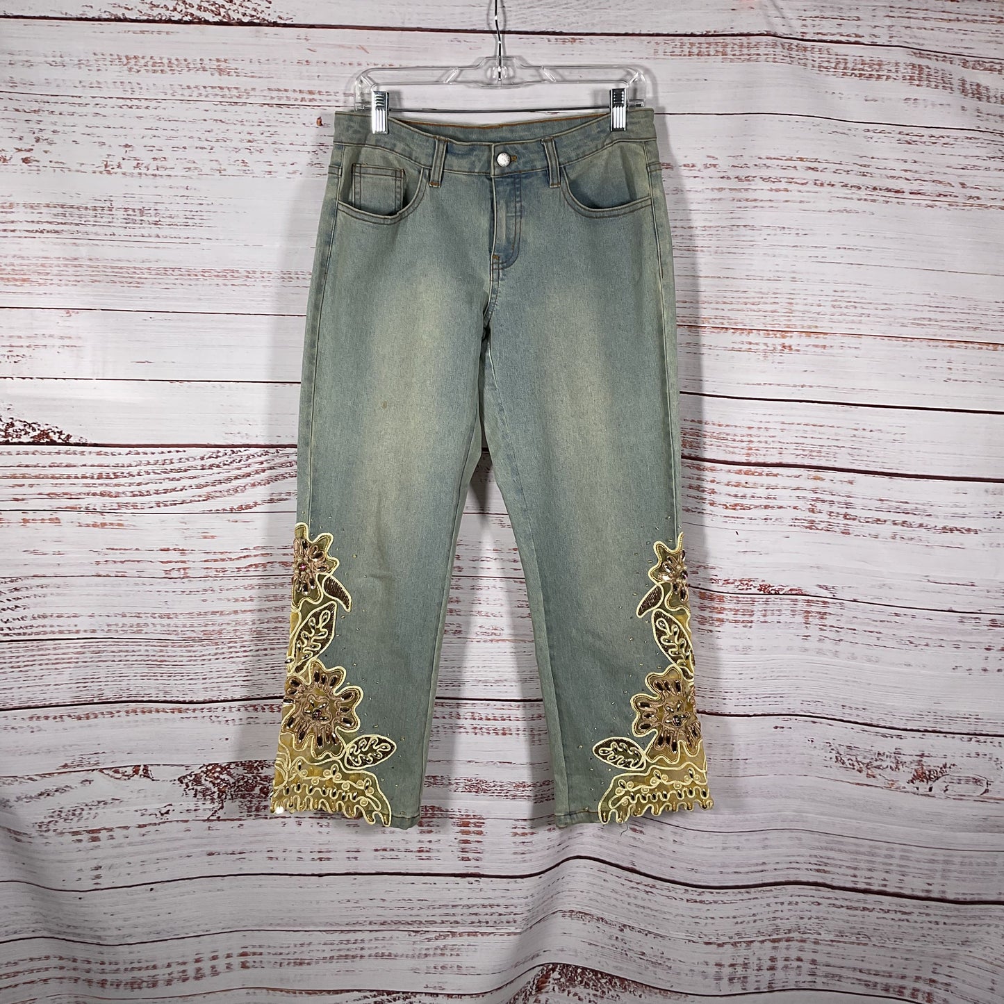 A.Z.I. Yellow Beaded Mesh Sheer Cuff Jeans Pants - Size 6