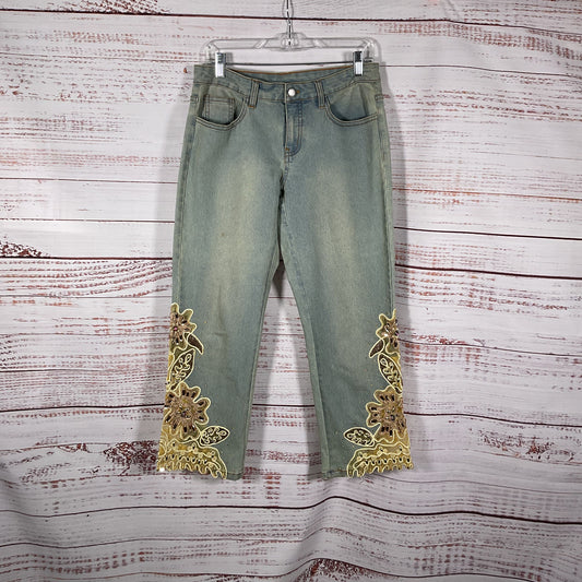 A.Z.I. Yellow Beaded Mesh Sheer Cuff Jeans Pants - Size 6