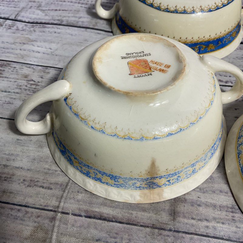 VTG. Myott Powder Blue 6 Pc. Staffordshire Porcelain 4" Double Handled Bowl Set