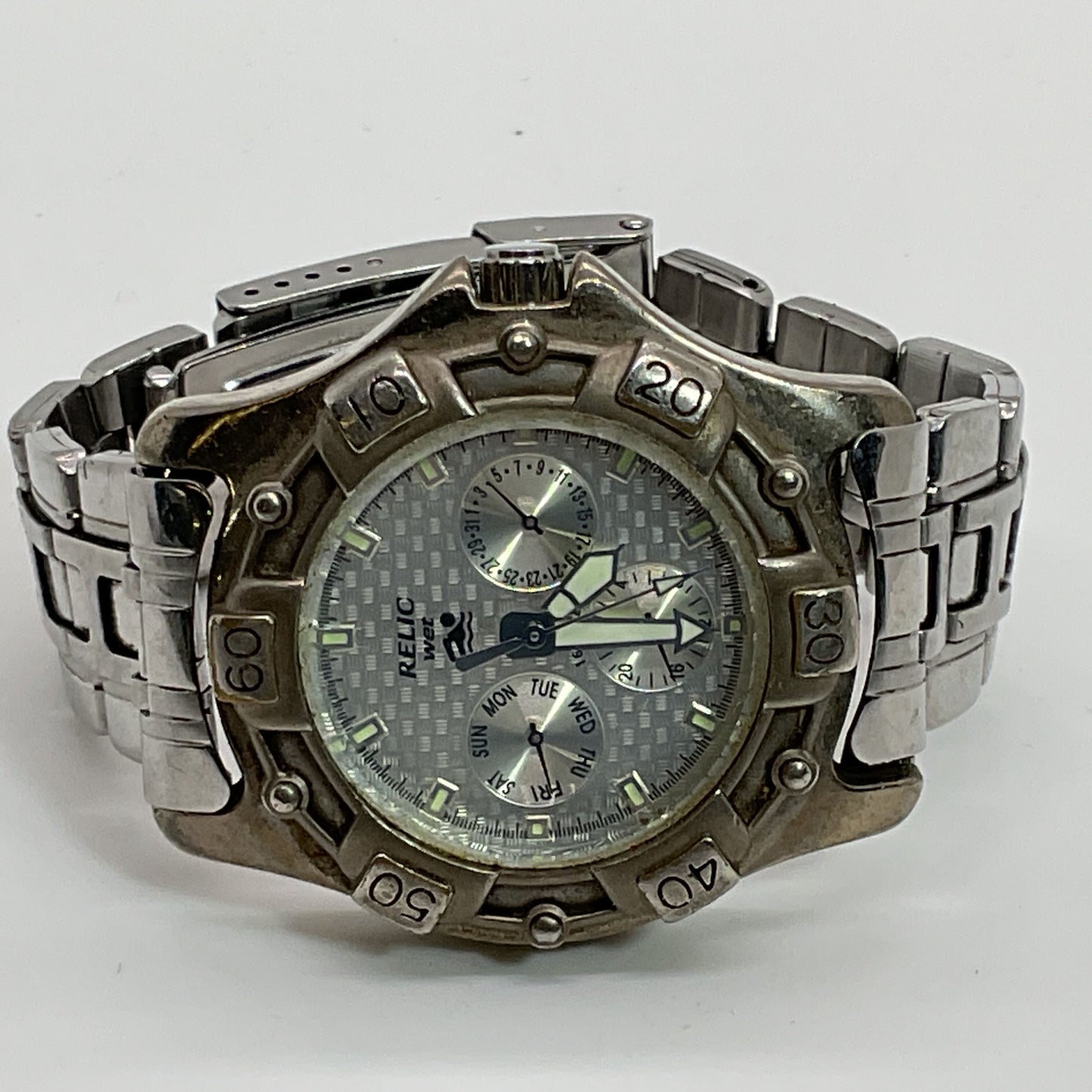 RELIC Wet Men's Date Stainless Steel Silver 50m Quartz Watch- NEEDS BATTERY