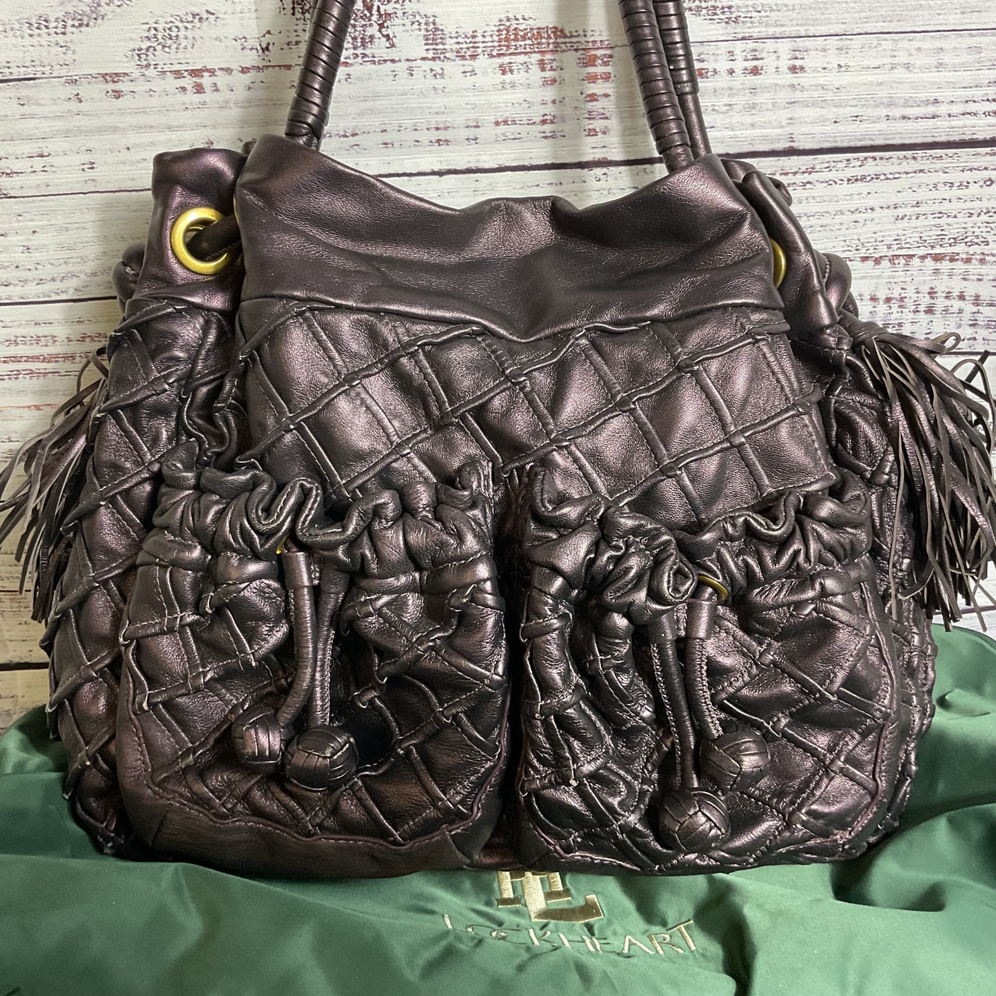 NEW LOCKHEART Women's Leather Plum Iridescent Quilt Design Fringe Shoulder Bag