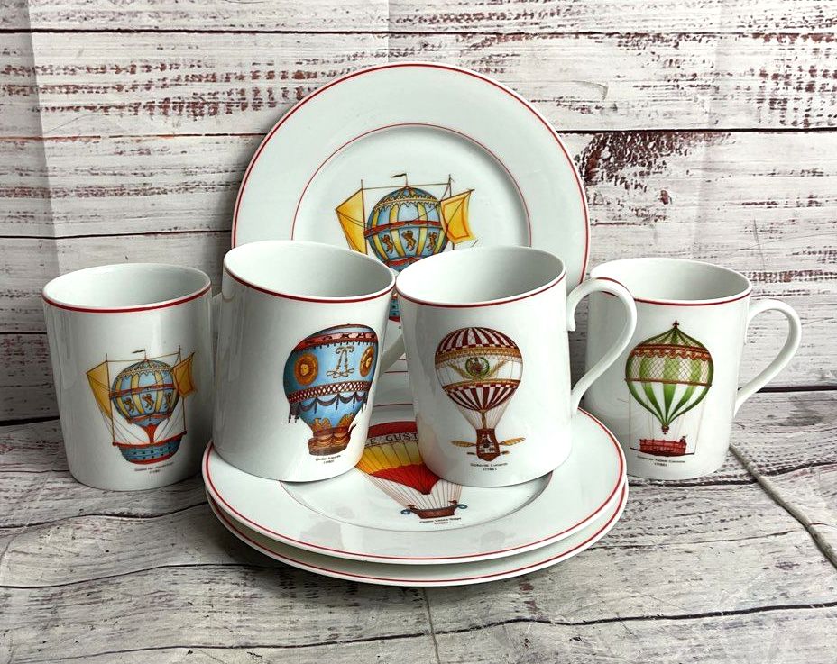 Rochard Limoges France Balloons Set of 7 Mugs & Plates Multicolor
