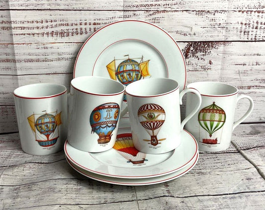 Rochard Limoges France Balloons Set of 7 Mugs & Plates Multicolor
