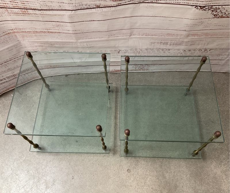 Vintage Baker Style Hollywood Regency Square Bamboo Brass Set of 2 Tables Glass