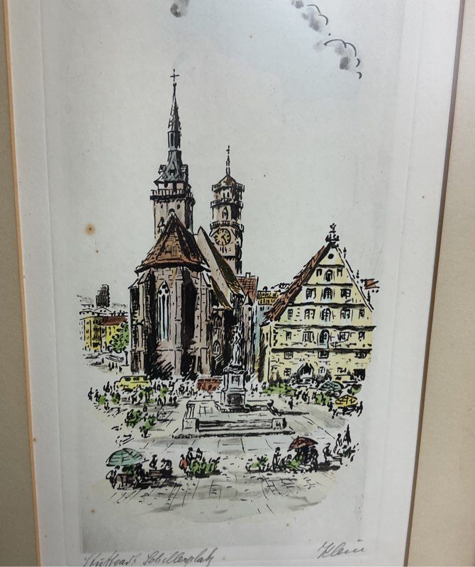 Germany Cityscape of Stuttgart Hauptbahnhof & Schlossplatz Etchings by Klein
