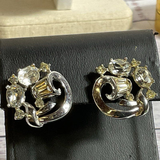 VTG. CROWN TRIFARI Art Deco Silver Tone Rhinestone Earrings
