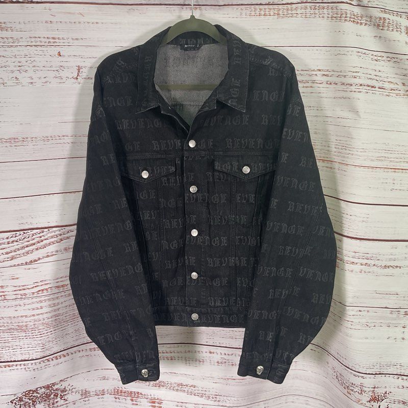 Revenge All Over Logo Print Black Denim Gothic Emo Streetwear Jacket - Size XL