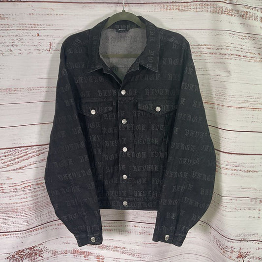 Revenge All Over Logo Print Black Denim Gothic Emo Streetwear Jacket - Size XL