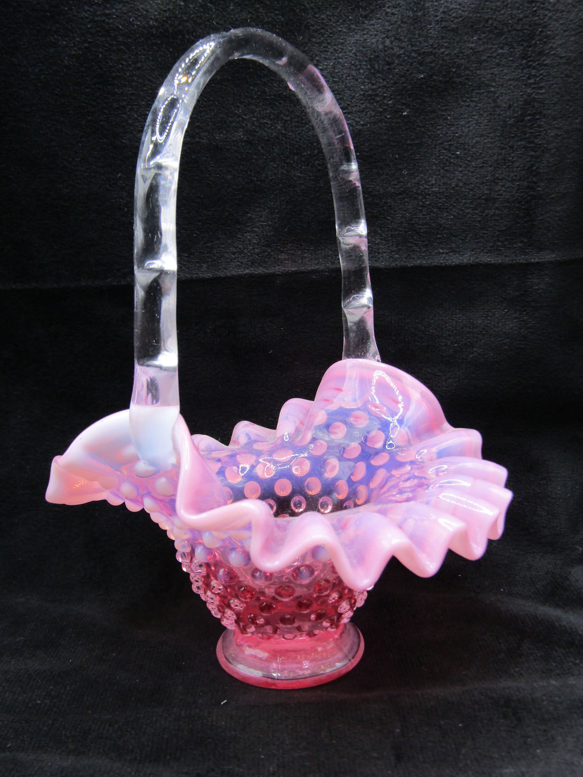 Vintage Hand Blown Pink Studded Glass Basket Figurine