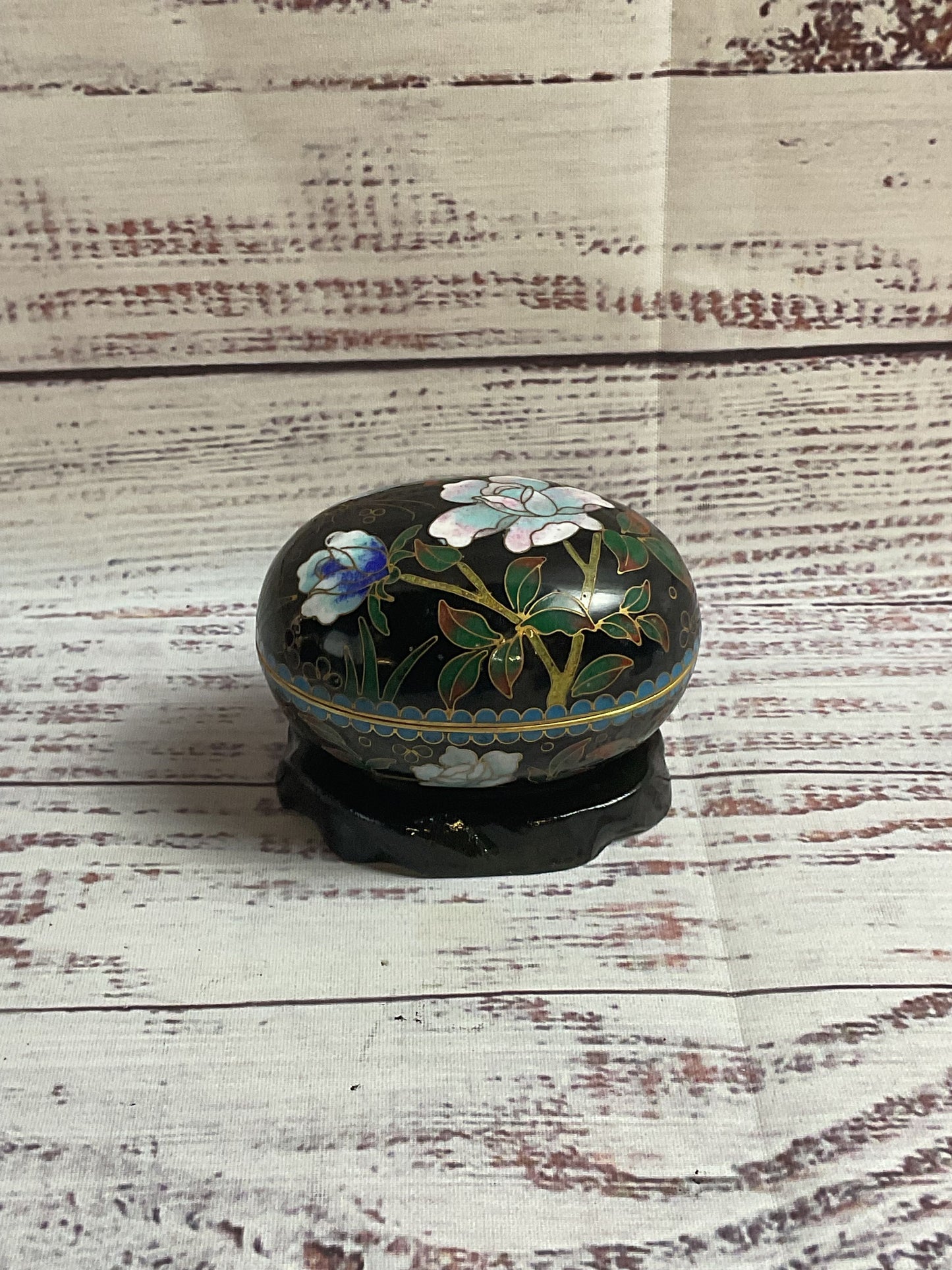 Small Black Chinese Floral Jewelry Trinket Box with Stand