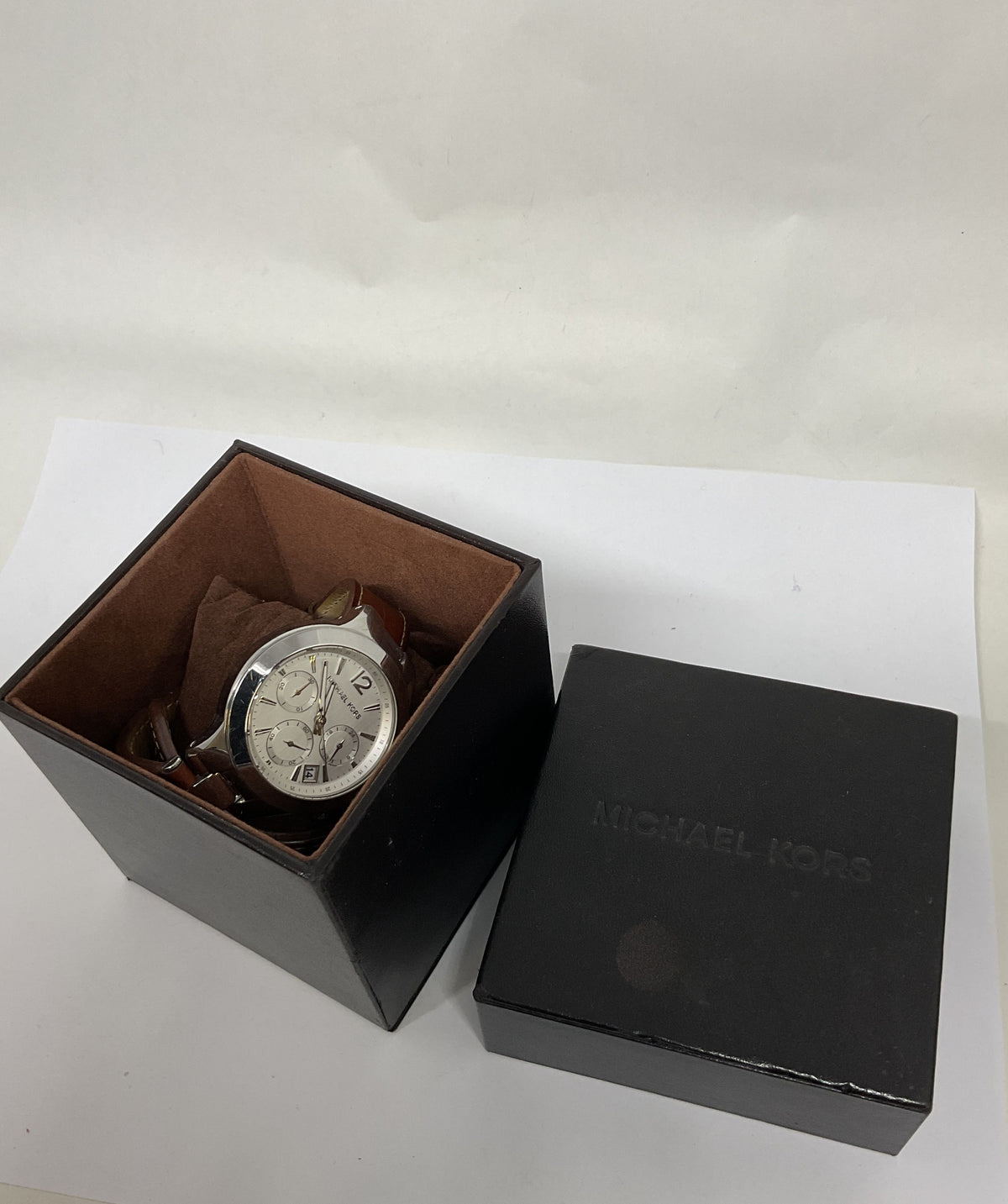 Michael Kors MK-2260 Peyton Silver Tone Case Brown Leather Wrap Watch
