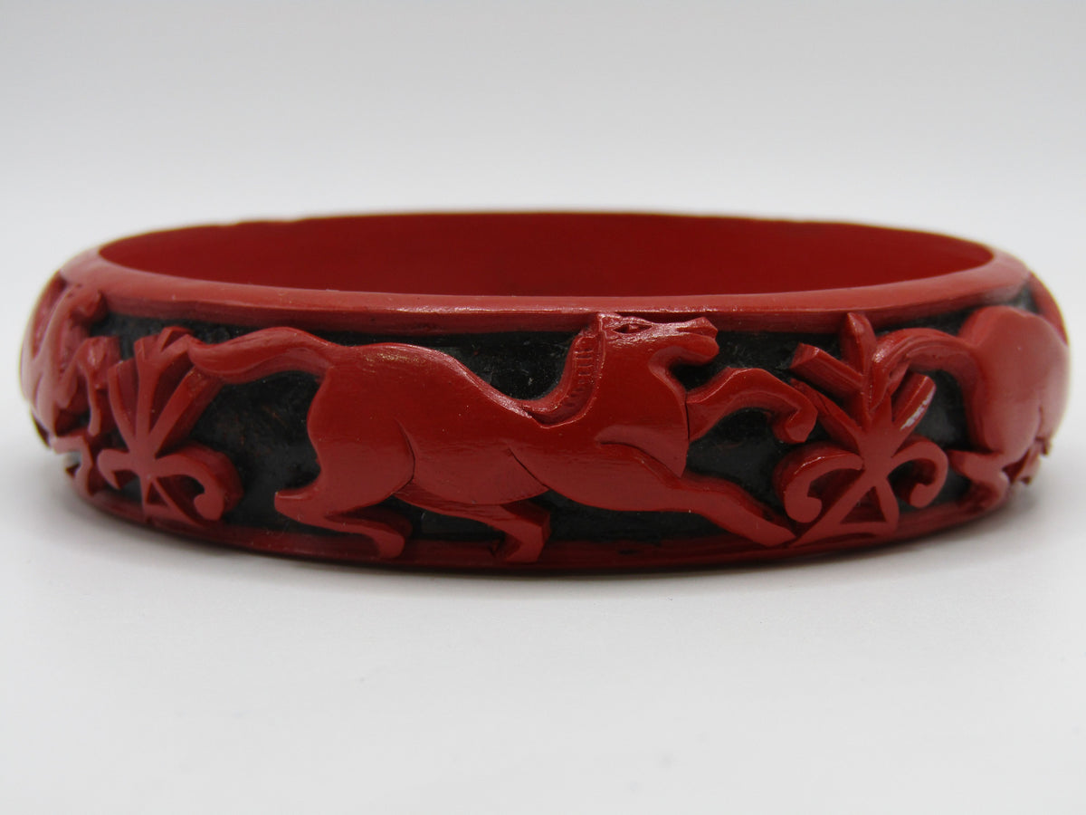 Artisan Handcrafted Carved Galloping Horses Cinnabar Lacquer Bangle Bracelet