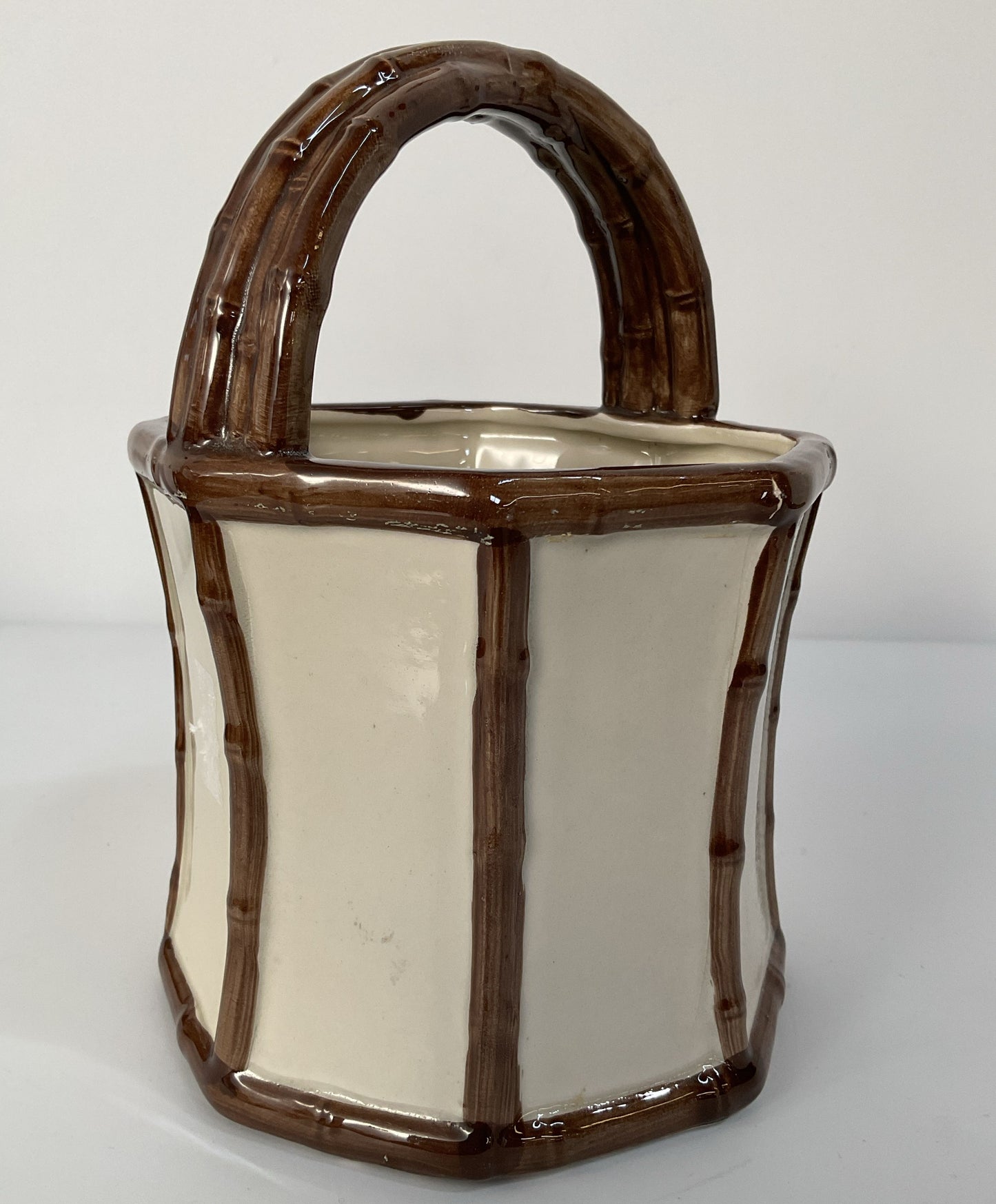 Vintage Fitz and Floyd Bamboo Motif Ceramic Basket Vase